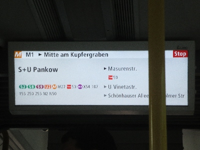 [Berlin]The picture shows an example of a good passenger information showing next stop and connections but also showing the next three or four stops, particularly useful in allowing people to be prepared to alight.  Photo by Ian Brown for Railfuture.
