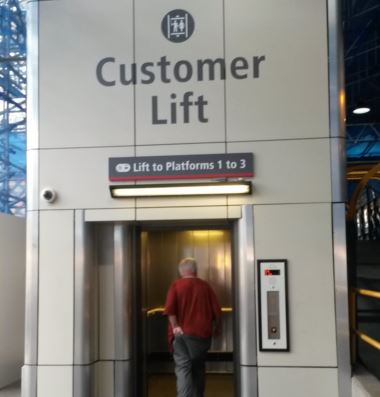 Often passengers struggle up and down stairs and ramps because they cannot see the lift or bother to find out where it is. There's no excuse at Carlisle station where the sign could not bbetter - not a bad idea when visibility is obscured by roof restoration work