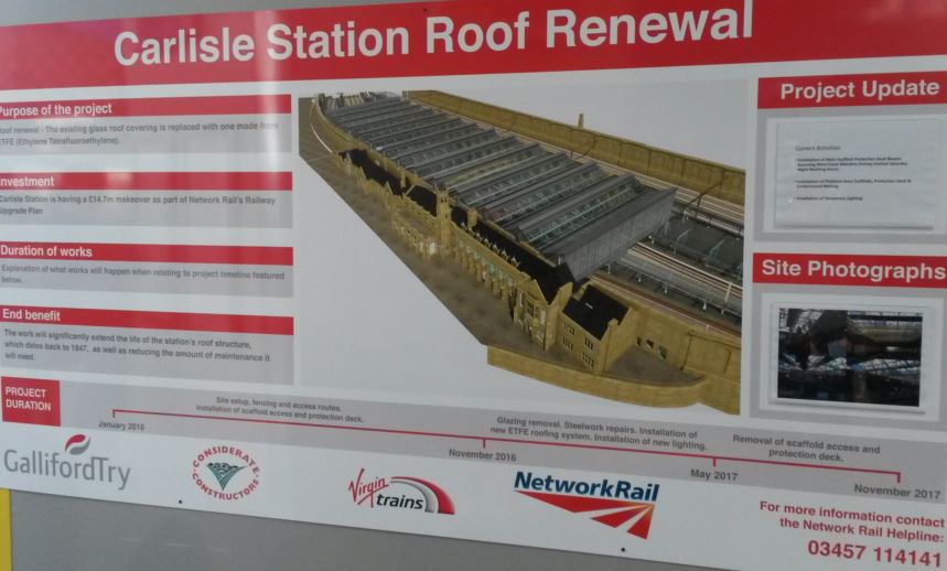 Carlisle station has a classic-style glass roof that will be fully renovated and last for many decades. It is important to explain what is happening to station users. This easy-to-find sign keeps passengers informed of what will be happening and the benefit to them