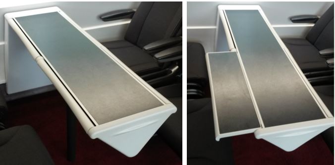 [Eurostar]The new Eurostar e320 trains have a different type of table extension, which is pulled out of the triangular base of the table. It is better than the ones on the e300 trains as the table is fully usable without opening out the extension