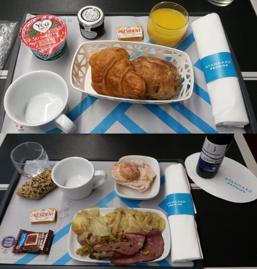 [Eurostar]Eurostar offers basic, light, complimentary meals to Standard Premier Class passengers. This photo shows breakfast (top) and dinner (bottom)