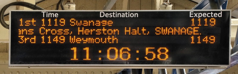 Destination screen shows first train to Swanage on opening day 13 June 2017. Photo by Peter Milford with permission via Chris Austin email to Chris Page 16/6/2017