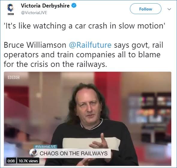 Tweeted photo of Bruce Williamson on BBC's Victoria Derbyshire programme describing timetable chaos as "car crash in slow motion."