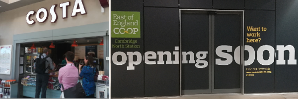 For the first 13.5 months after Cambridge North station opened there was no retailer in the station (although an entrepreneur operated a ‘coffee bicycle’ but they were asked to leave) until Costa Coffee finally opened. Despite the Co-Op intended to occupy the shop they pulled out just weeks after this February 2018 photo was taken