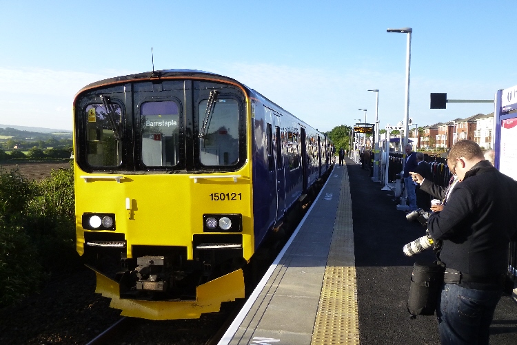 Newcourt station in Exeter opened on 4 June 2015. This photo shows a Class 150 train waiting at the single-platform station.