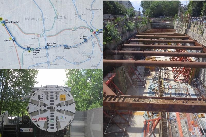 [Berlin]The map shows the U5 extension from Alexanderplatz to the new Hauptbanhhof station. The BVG has gone to great lengths to mitigate the disruption by a visitor centre in the form of a tunnel boring machine (shown) and hoardings round the work sites describing the work. The station box shown at Rathaus station. The Crossrail station boxes in London looked much the same at this stage.  Photos by Ian Brown for Railfuture.