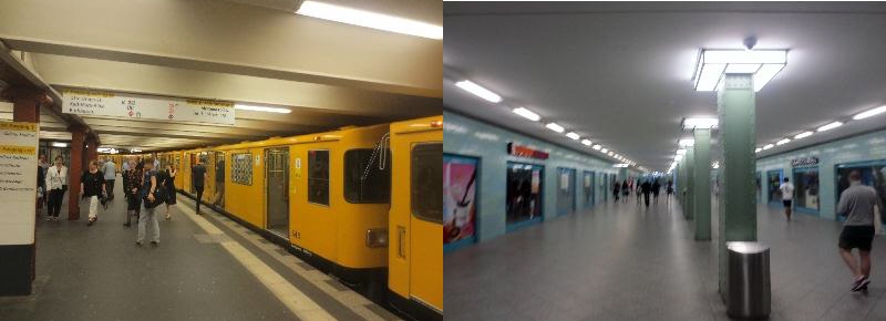 [Berlin]The old 2-car S-Bahn trains (shown) are gradually being replaced by walk-through Overground inward facing bench seat designs.  Alexanderplatz interchange station shows the former East Berlin style architecture, plain, not cluttered and functional and actually in a world of station "cladding" quite attractive.  Photos by Ian Brown for Railfuture.