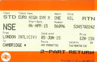 Example of a Euro High-Saver ticket that includes the CIV guarantee of a connection onto Eurostar without additional payment if a train on Britain's rail network is delayed or cancelled resulting in the passenger missing their Eurostar train. Example of Cambridge to London