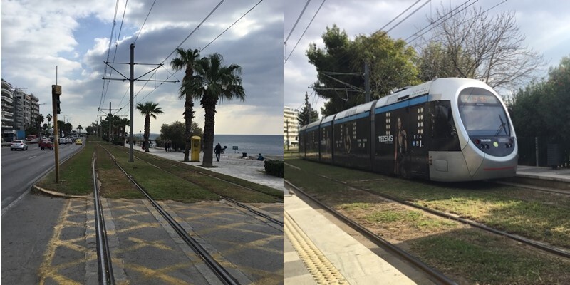 The modern all low floor Athens tram system runs from the city centre along the Aegean Coast. Well worth a ride to see best practice in terms of integration into the urban realm.  Photos by Ian Brown for Railfuture