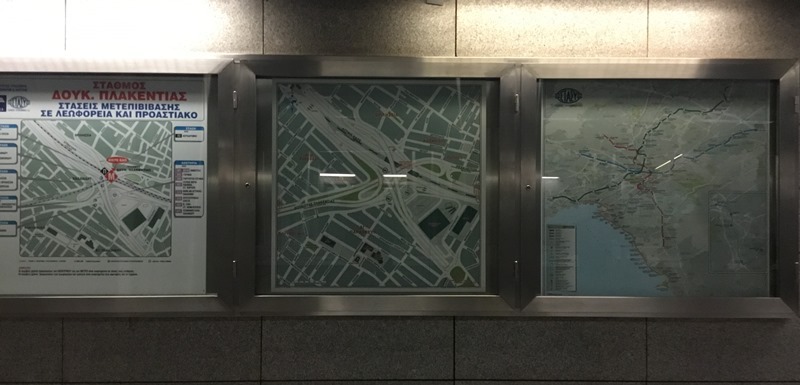 Standard displays at each metro station showing different scale maps of the surrounding area served. Other information is elsewhere.  Photo by Ian Brown for Railfuture