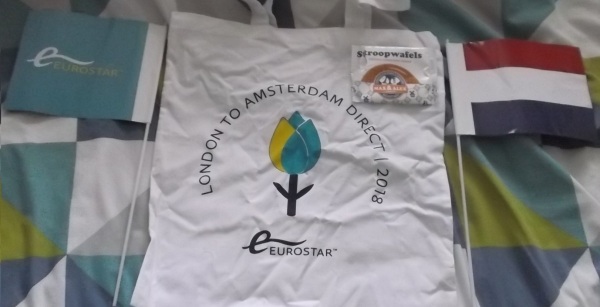 To celebrate the launch of the direct London-Amsterdam service Eurostar handed out a tote bag, flags and Stroopwafels