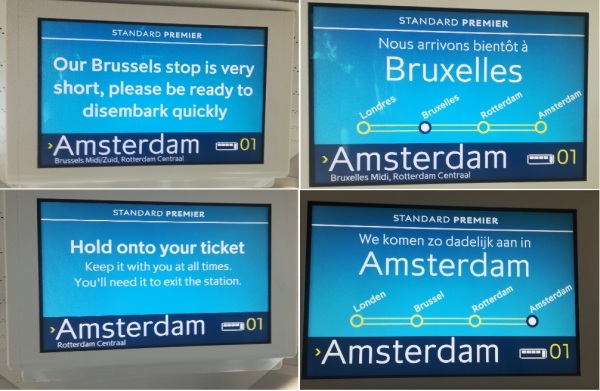 Each carriage on the new (e320) or refurbished (e300) Eurostar trains shows information on screens, including the next stop. Unfortunately, it is rather basic, and is not real-time so it does not say how soon before arrival is expected or provide any information about connections