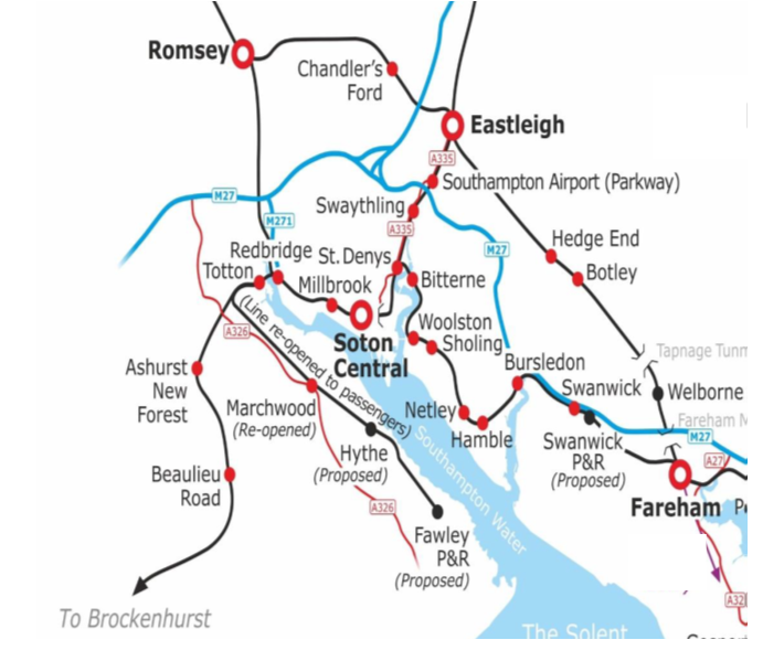Waterside Line to Marchwood, Hythe and Fawley - map produced by Three Rivers CRP
