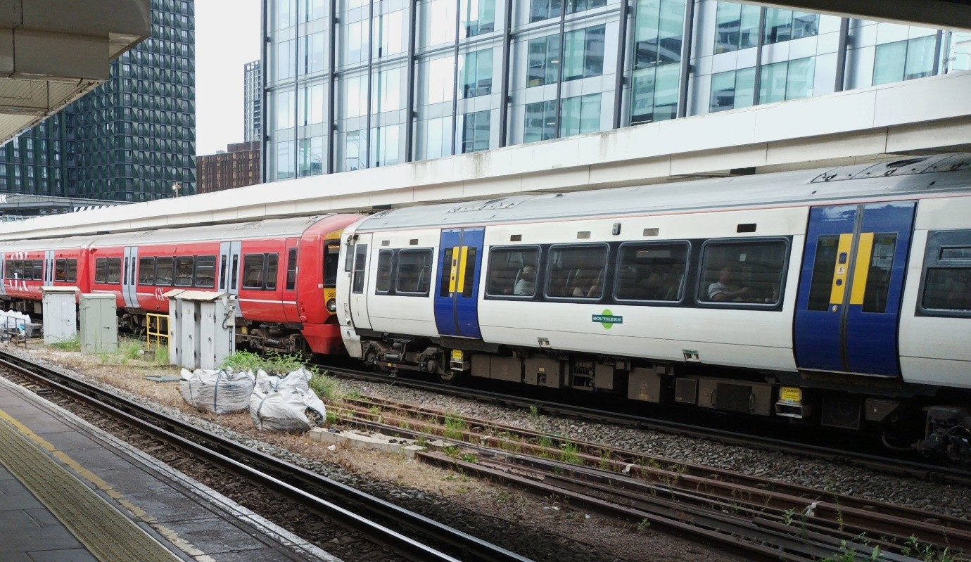 Eastbourne train consisting of one Southern and one GEX unit August 2025 . Photo by Charlie King for Railfuture