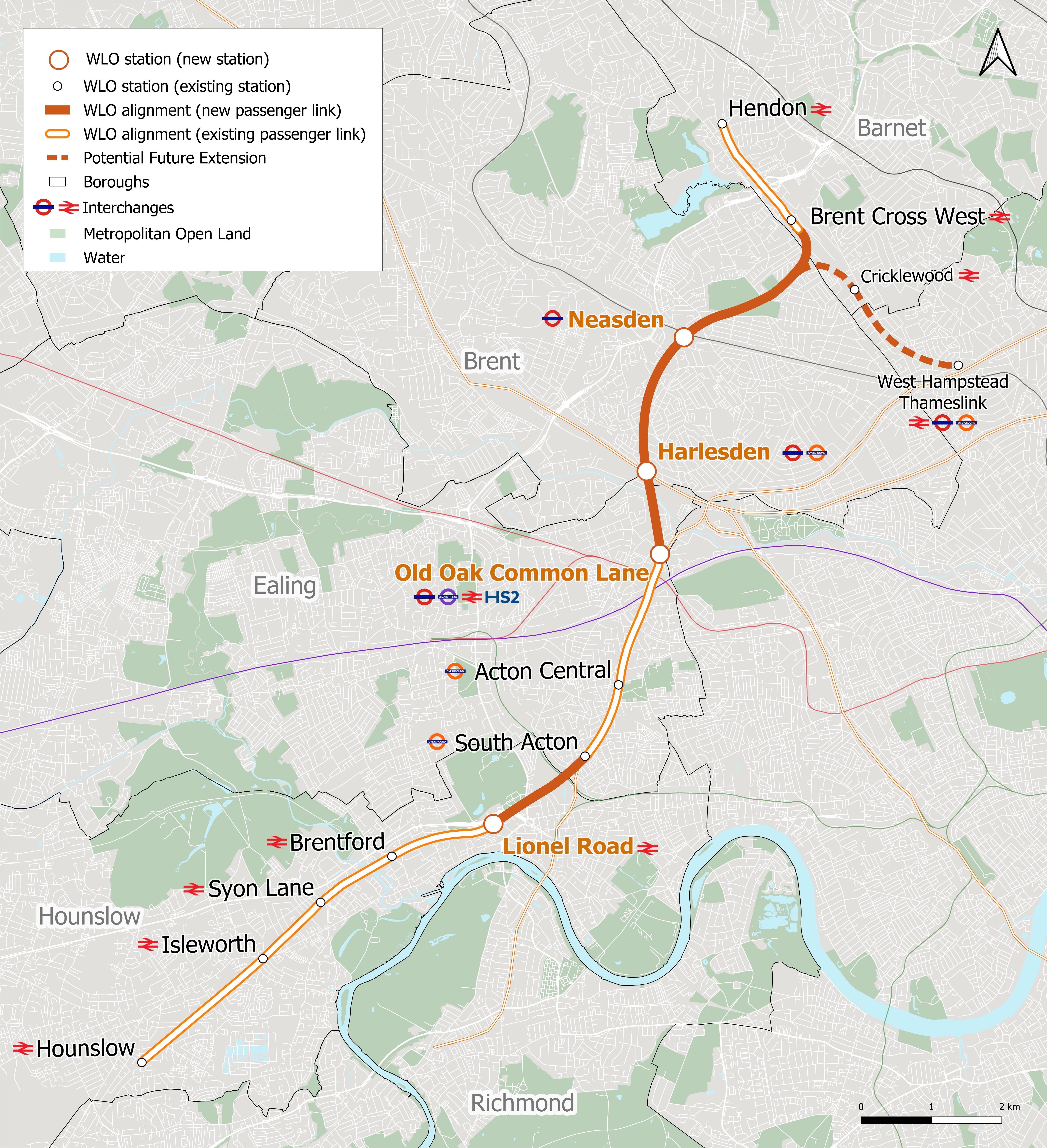 MAP:West London Orbital 2026 - proposed, with potential extension
