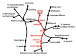 Railway route map produced by Railfuture showing how a reopened March-Wisbech railway line would connect with Peterborough, Ely, Cambridge and many other destinations