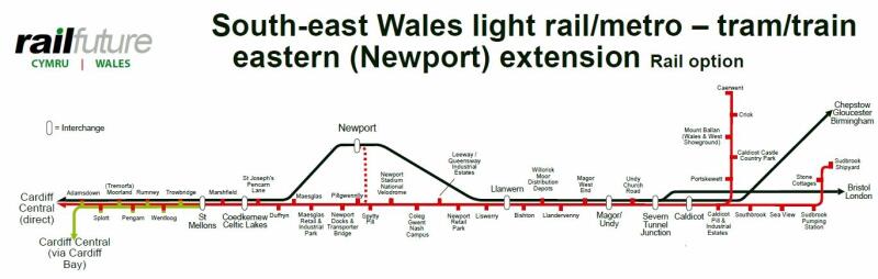Route map produced by Railfuture Wales of a possible extension of rail services to provide a light-rail metro system or tram-train in south-east Wales
